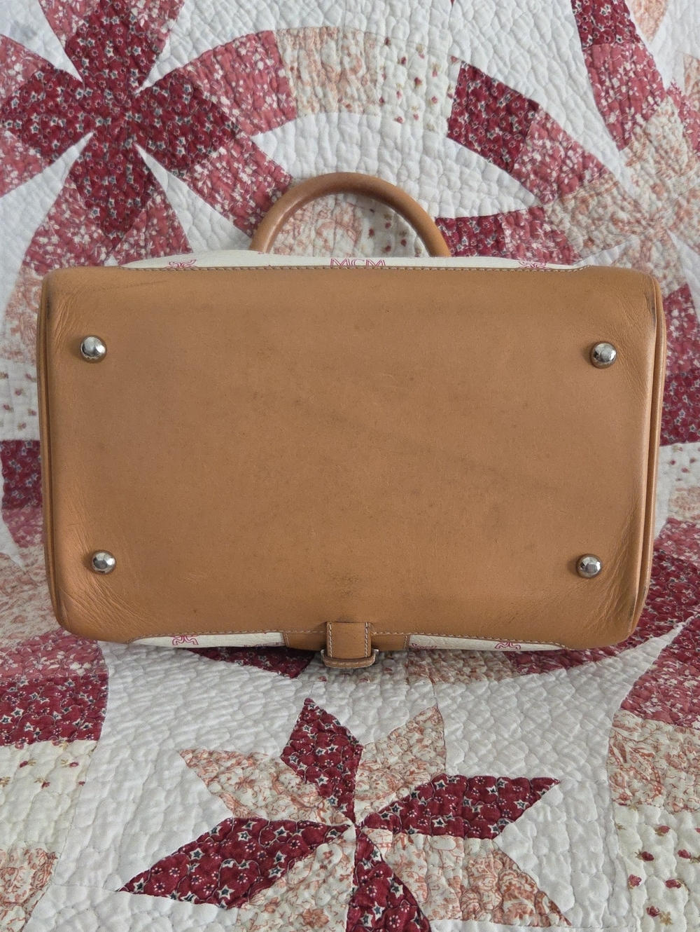 MCM Cream Canvas Satchel with Pink Logo and Tan Leather Trim - Picture 4 of 7